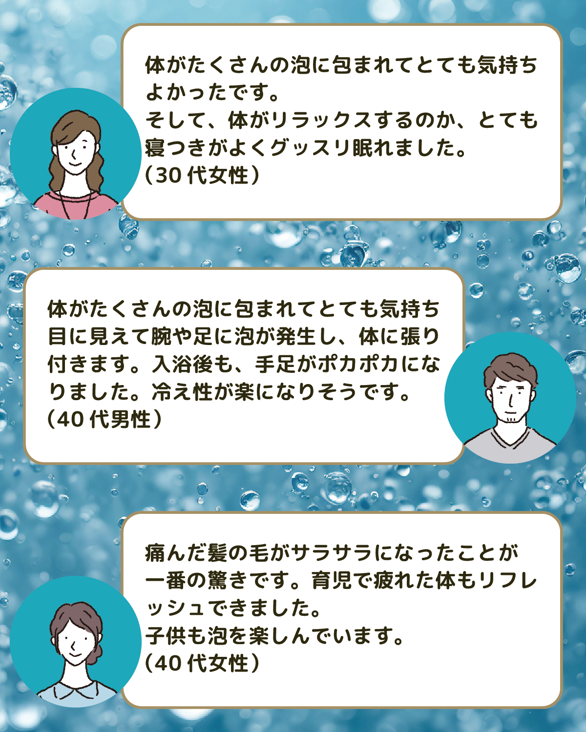①体がたくさんの泡に包まれてとても気持ちよかったです。そして、体がリラックスするのか、とても寝つきがよくグッスリ眠れました。（30代女性）②体がたくさんの泡に包まれてとても気持ち目に見えて腕や足に泡が発生し、体に張り付きます。入浴後も、手足がポカポカになりました。冷え性が楽になりそうです。（40代男性）③痛んだ髪の毛がサラサラになったことが一番の驚きです。育児で疲れた体もリフレッシュできました。子供も泡を楽しんでいます。（40代女性）